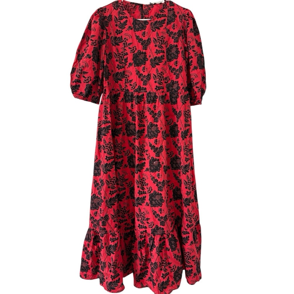 Zara Women Maxi Long Dress Small Red Floral Embroidered Beaded‎ Sequins Balloon